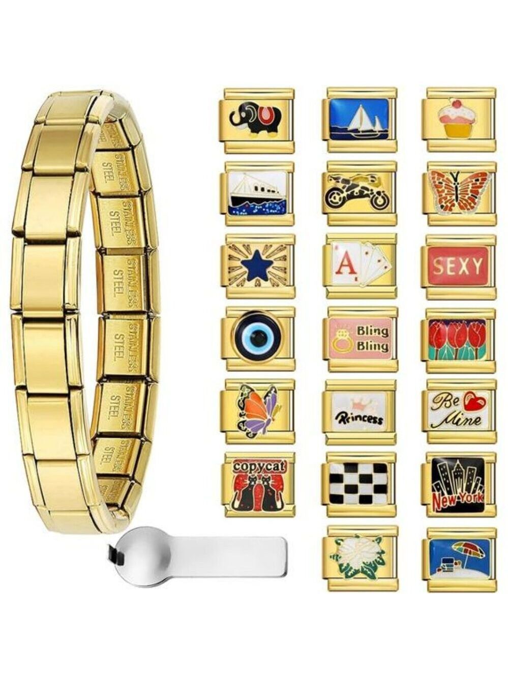 Gold italian charm bracelet set stainless steel 9mm modular link starter kit jew